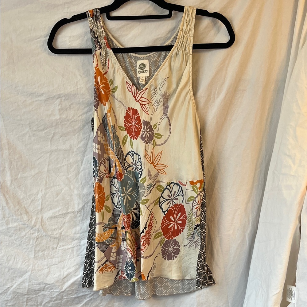 Anthropologie Cream Floral V-Neck Tank with Orange, Blue & Green Accents